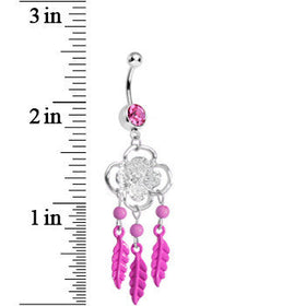 Pink Gem and Feathers Flowered Dreamcatcher Dangle Belly Ring