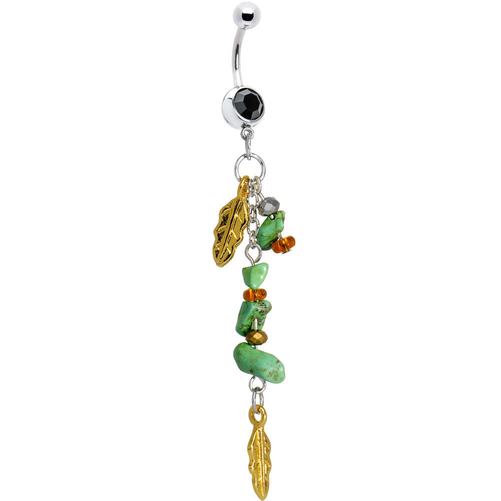 Black Gem Turquoise Gold Feathers Dangle Belly Ring