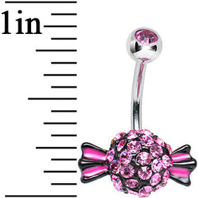 Crystalline Gem Paved Pink and Black Piece of Candy Belly Ring