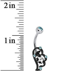 Aqua and Clear Gem Star Over Black Puffy Wing Belly Ring