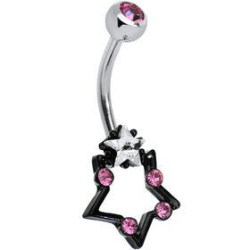 Pink and Clear Gem Star Over Black Star Belly Ring