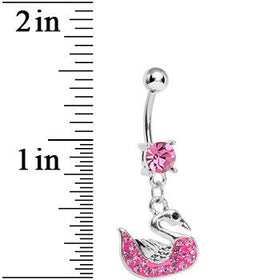 Pink Gem Paved Pink Swan Dangle Belly Ring