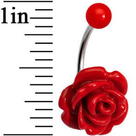 Red Beautiful Blooming Stone Flower Rose J-Bar Belly Ring