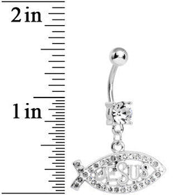 Crystalline Gem Paved Christian Jesus Fish Dangle Belly Ring