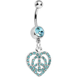 Aqua Gem Paved Peace Sign Heart Dangle Belly Ring