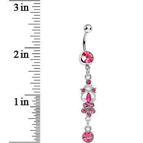 Pink Gem Antique Scrolls and Flower Dangle Belly Ring