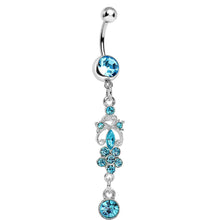 Aqua Gem Antique Scrolls and Flower Dangle Belly Ring