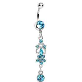 Aqua Gem Antique Scrolls and Flower Dangle Belly Ring
