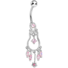 Pink Gem Pear with Dainty Rose Flower Dangle Belly Ring