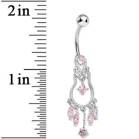 Pink Gem Pear with Dainty Rose Flower Dangle Belly Ring