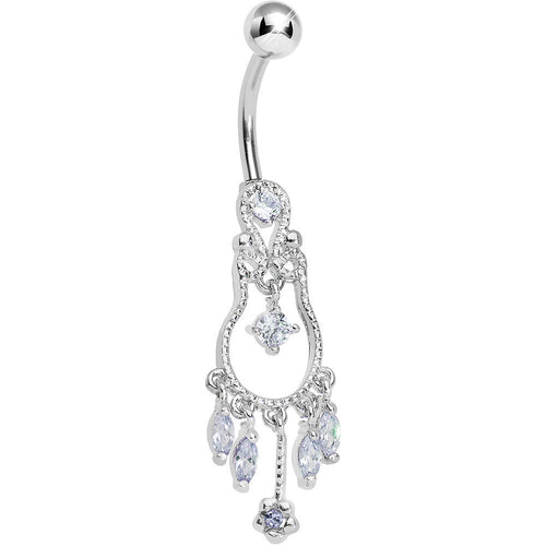 Light Purple Gem Pear with Dainty Rose Flower Dangle Belly Ring