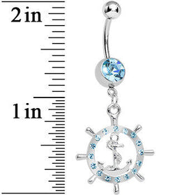Aqua Gem Ship Wheel and Anchor Dangle Belly Ring