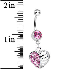 Pink Gem Paved Cage Heart Dangle Belly Ring