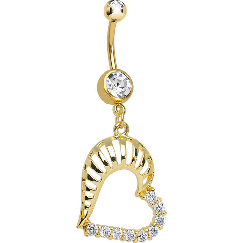 Gold Plated Clear Gem Hollow Heart Shell Dangle Belly Ring
