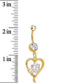 Gold Plated Clear Gem Hollow Love Heart Flower Dangle Belly Ring