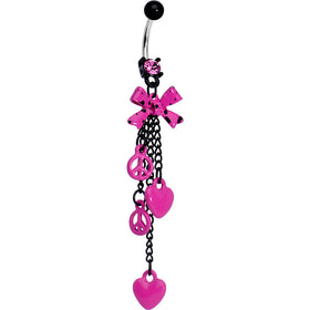 Pink Gem Peace Love and Bow Dangle Belly Ring