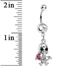 Clear Gem Death in Bloom Skull and Rose Flower Dangle Belly Ring