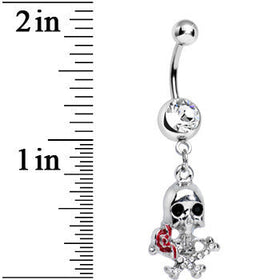 Clear Gem Death in Bloom Skull and Rose Flower Dangle Belly Ring