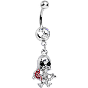 Clear Gem Death in Bloom Skull and Rose Flower Dangle Belly Ring