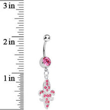 Pink Gem Paved Fleur de Lis Dangle Belly Ring