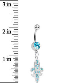 Aqua Gem Paved Fleur de Lis Dangle Belly Ring