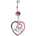 Pink Gem Gleaming Love Heart Dangle Belly Ring