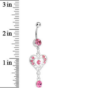 Pink Gem Drops of Love Heart Dangle Belly Ring