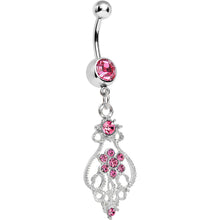 Pink Gem Ensnared in Roots Flower Dangle Belly Ring