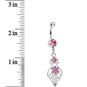 Pink Gem Ensnared in Roots Flower Dangle Belly Ring