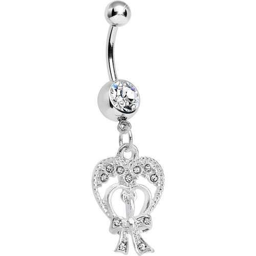 Crystalline Gem Love Tied in a Bow Heart Dangle Belly Ring