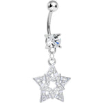 Clear Gem Paved Star Within a Star Dangle Belly Ring