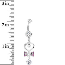 Clear CZ Drop Pink Gem Bow Half Paved Heart Dangle Belly Ring