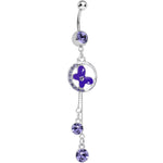 Purple Cubic Zirconia Drops Encircled Butterfly Dangle Belly Ring