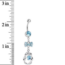 Aqua CZ Drop in a Drop and Sparkling Bow Dangle Belly Ring
