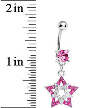 Pink Clear Gem Paved Star Within a Star Dangle Belly Ring