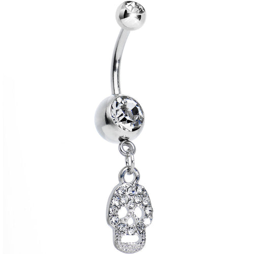 Crystalline Gem Paved Jolly Skull Dangle Belly Ring