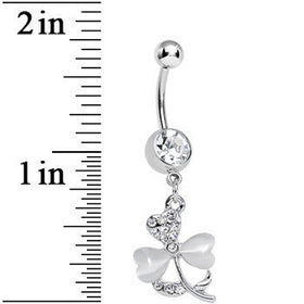Clear Gem White Pearlescent Petals Flower Dangle Belly Ring