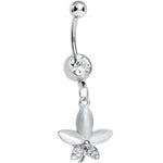 Clear Gem Blooming White Pearly Flower Dangle Belly Ring