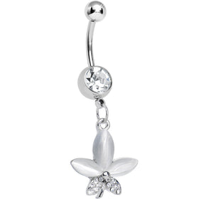 Clear Gem Blooming White Pearly Flower Dangle Belly Ring