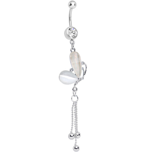 Clear Gem White Pearlescent Butterfly Dangle Belly Ring
