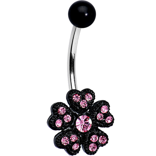 Pink Gem Midnight Black Five Petal Flower Belly Ring