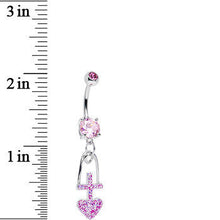 Pink Gem Glitter Cross and Heart Dangle Belly Ring