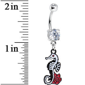Clear Gem Smiling Seahorse and Red Rose Flower Dangle Belly Ring