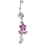 Clear Gem Precious Pink Flower Dangle Belly Ring