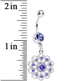 Purple CZ Round Crystal Flower Dangle Belly Ring