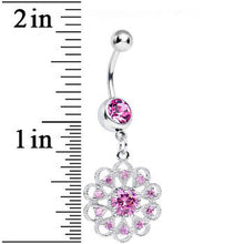 Pink CZ Round Crystal Flower Dangle Belly Ring