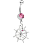 Pink Gem Captain Take the Wheel and Anchor Dangle Belly Ring