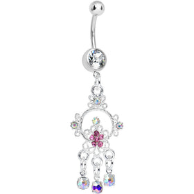 Crystalline Pink Aurora Gem Glimmering Beauty Flower Dangle Belly Ring
