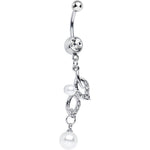 Clear Gem Natural Elegance Leaf Faux Pearl Dangle Belly Ring