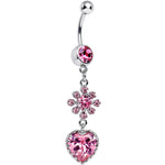 Pink CZ Flower Bomb and Heart Dangle Belly Ring